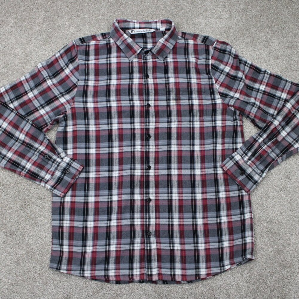 Travis Mathew Flannel Shirt Mens Large Red/Gray/Blck Plaid Cotton‎ L/S Button Up